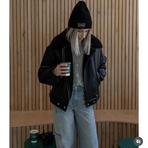 OAK + FORT Black Leather Jacket with Shearling Collar